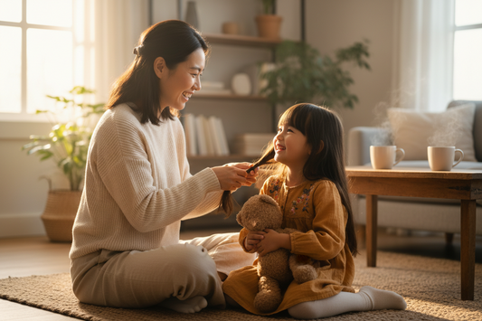 Asian mother and daughter sitting down in a living room with natural light braiding hair
