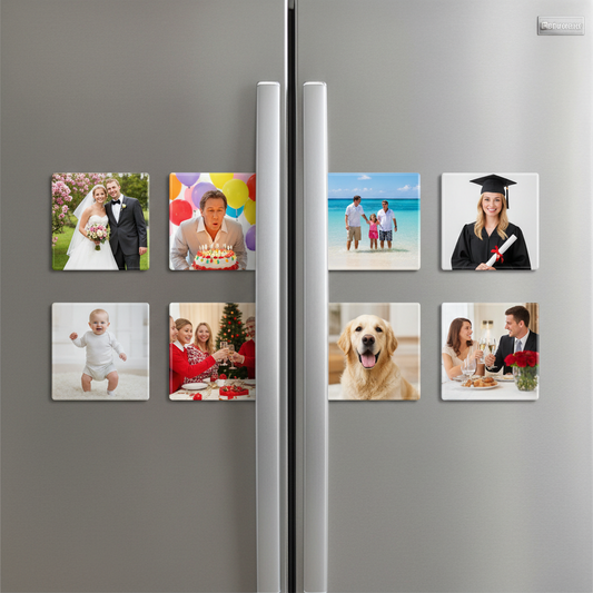 Family photos on magnets on stainless steel refrigerator 