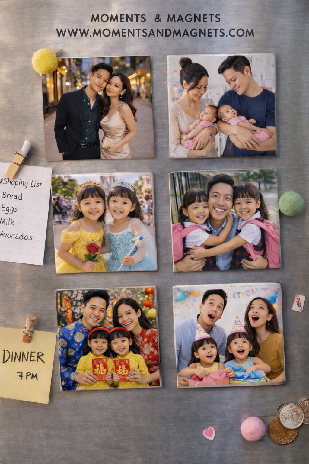 Fridge with family photos and magnets on a metallic surface; family photos are birthday, Disneyland, cultural events, and first day of school. 