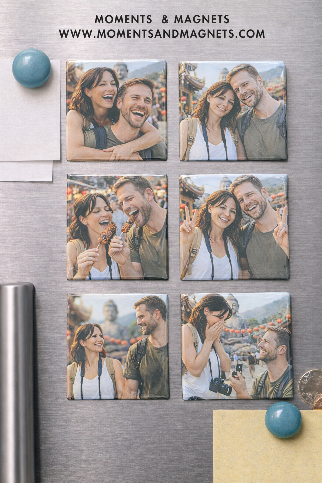 Set of photo magnets on a metallic surface with 'Moments & Magnets' branding. Images include couple traveling, proposing, and eating.