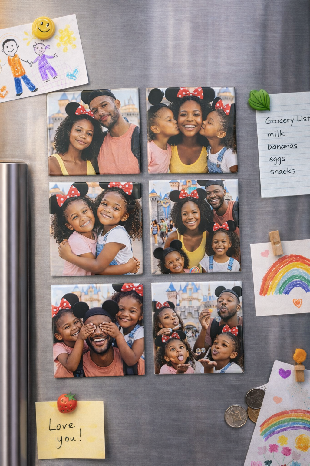 Fridge with family photos, notes, and children's drawings attached to it. Family in the photos are at Disneyland blowing bubbles and holding each other.