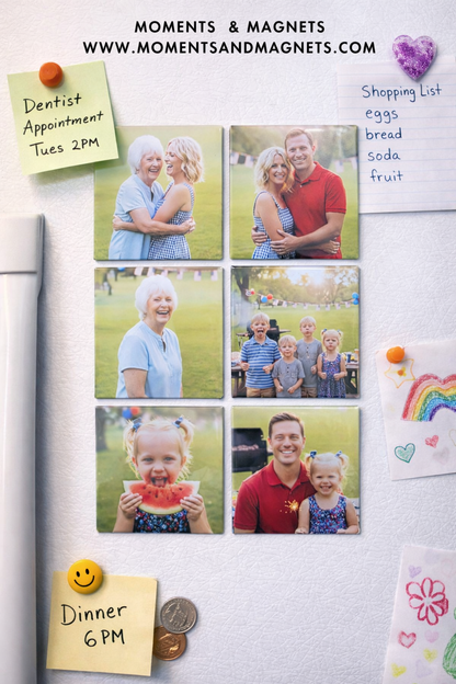 Fridge with family photos, notes, and magnets on a white background; families in the photos are outside enjoying BBQ with children making silly faces.