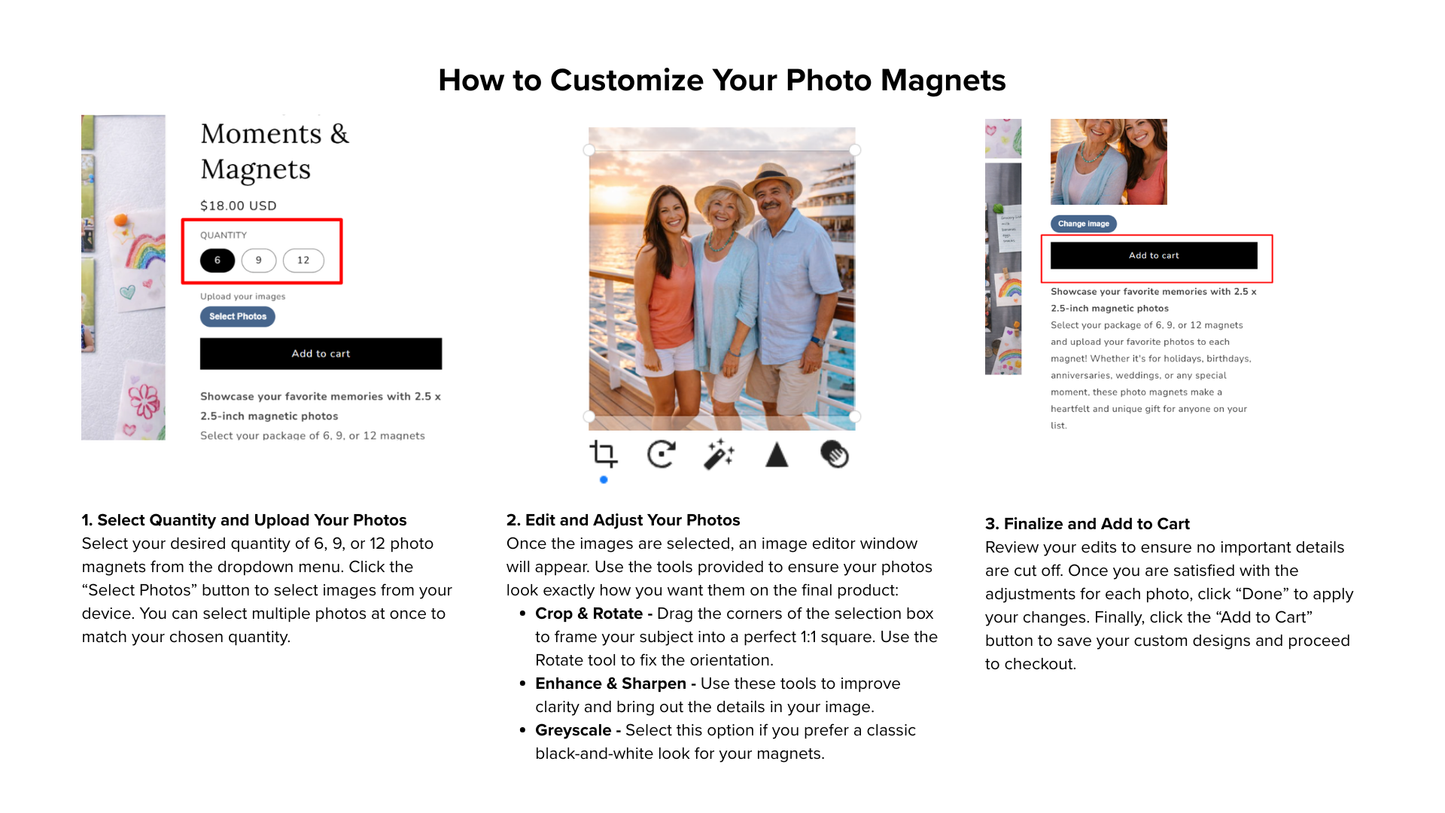 Instructions on how to customize photo magnets with images of a family and text on a white background.
