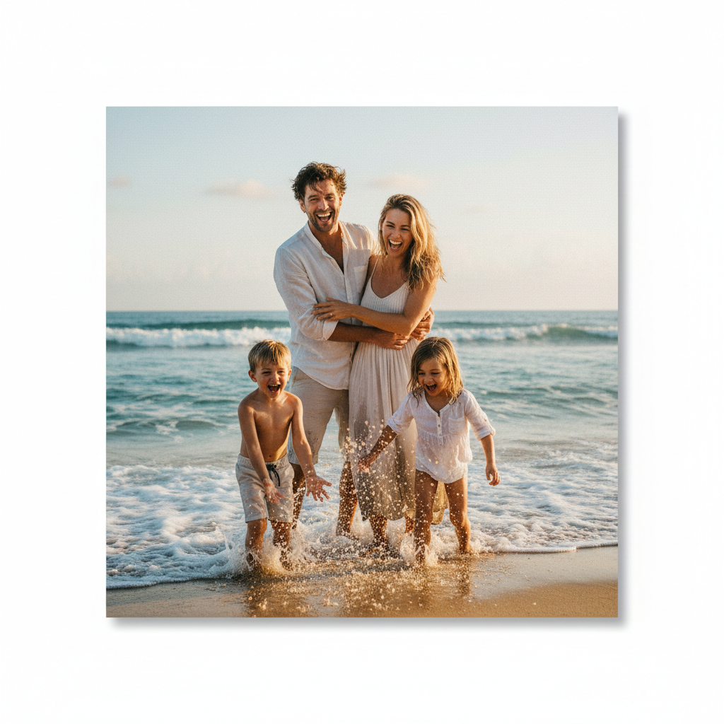 Family of four at the beach with ocean waves in the background