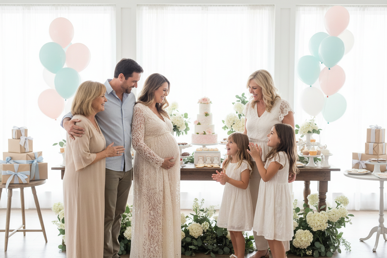 Family celebrating a baby shower with balloons and cake in a bright room.