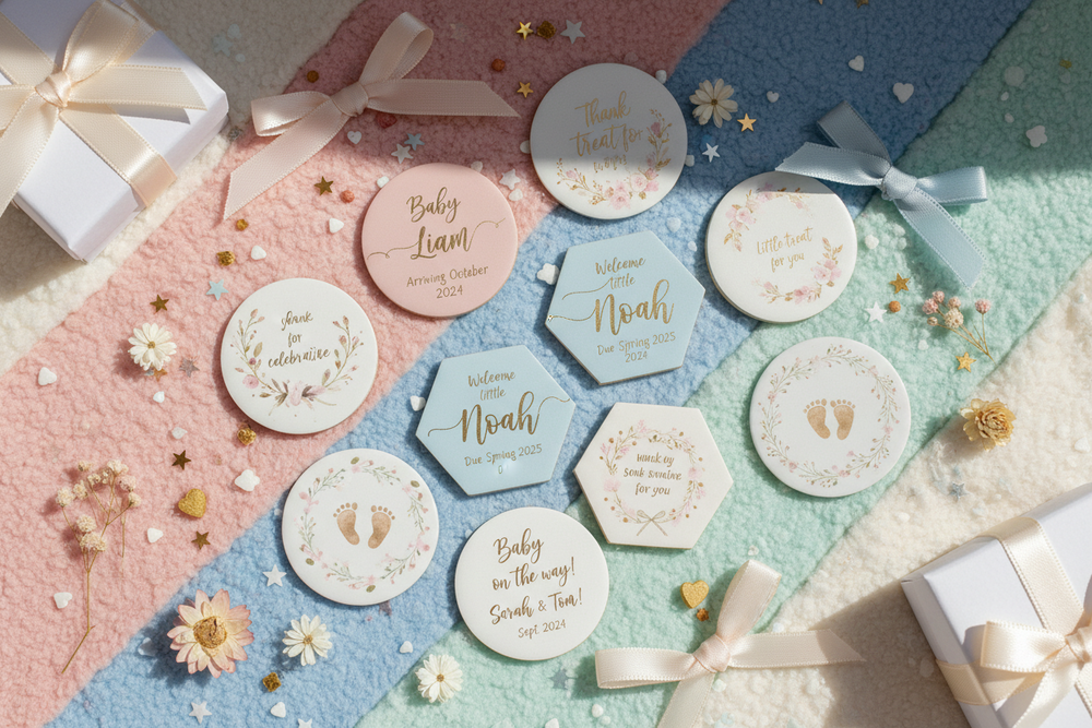 Decorative baby shower favor tags with names on a colorful patterned background.