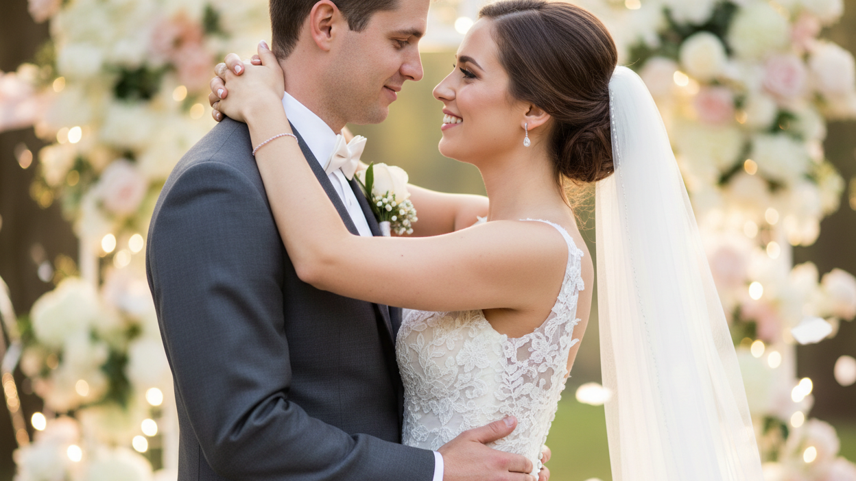 Couple in wedding attire standing close together with floral decorations in the background