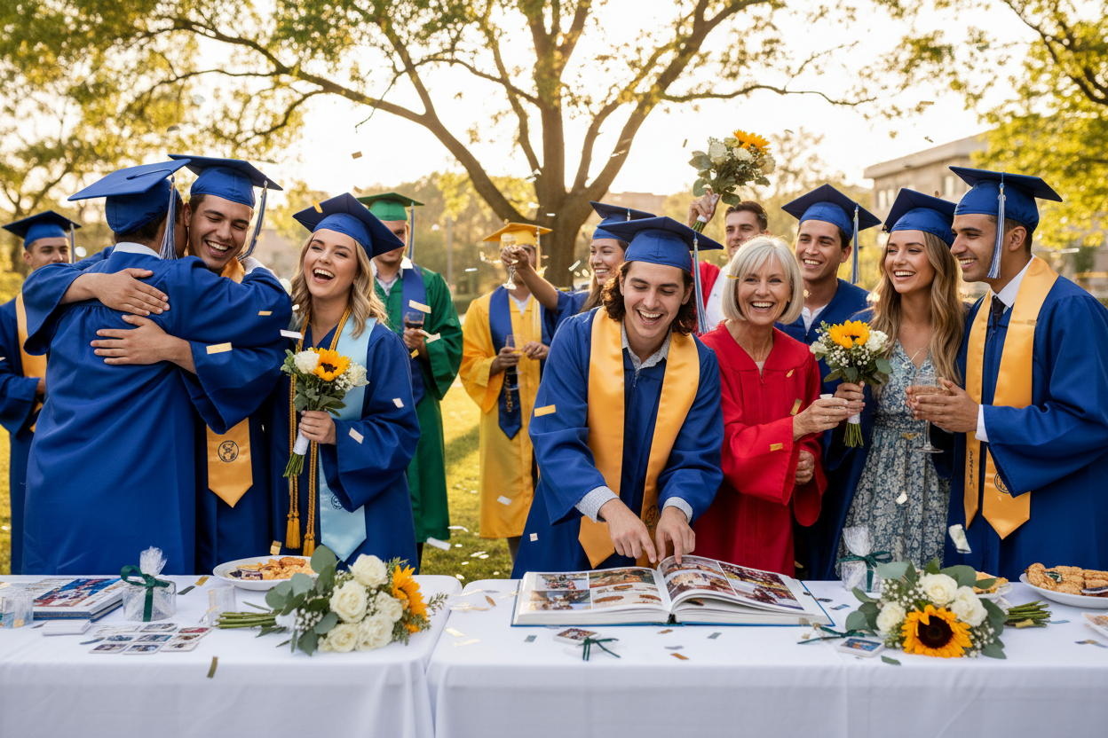 Graduates in blue caps and gowns celebrating outdoors with a table full of flowers and books.