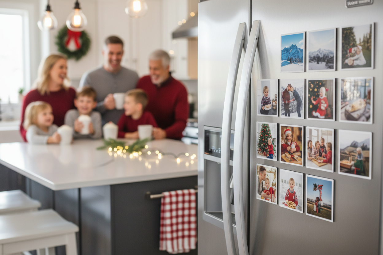 Family in a kitchen with a refrigerator displaying family photos on magnets