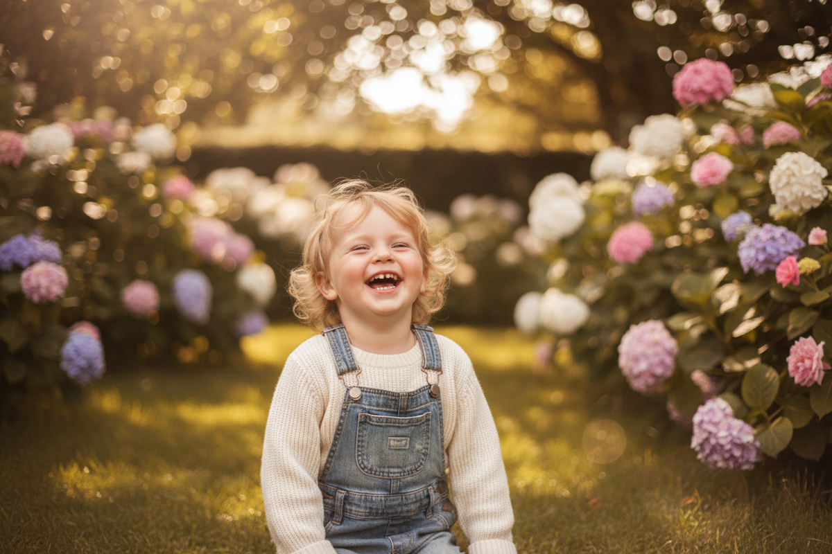 Child laughing in a garden with hydrangeas