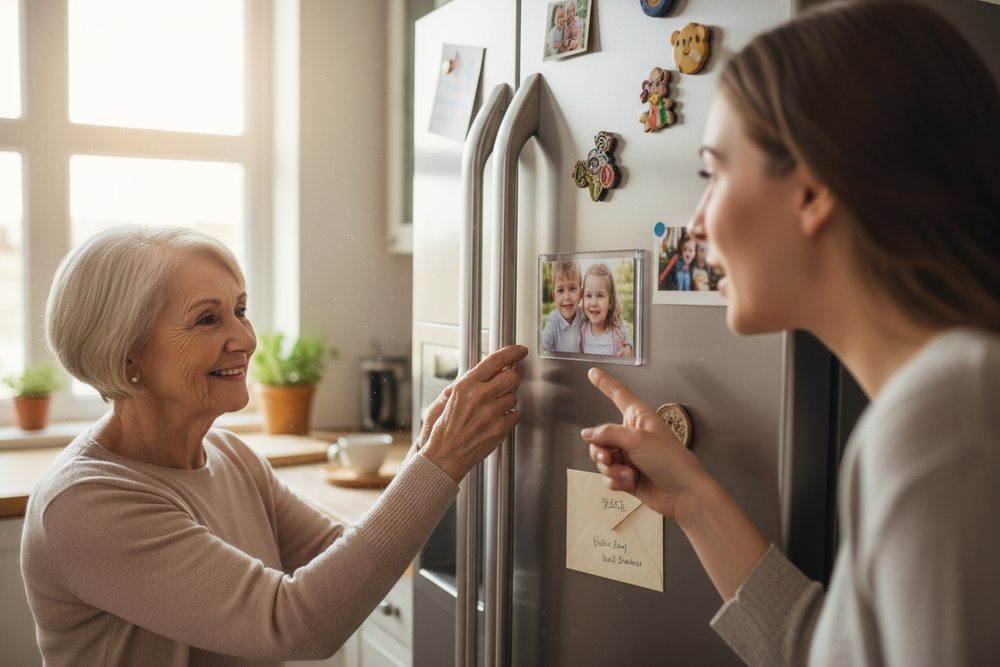 Two women looking at a refrigerator with photo magnets and notes attached, in a kitchen setting.