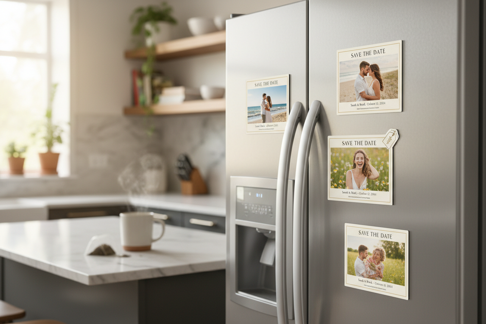 Stainless steel refrigerator with photo magnets in a kitchen setting