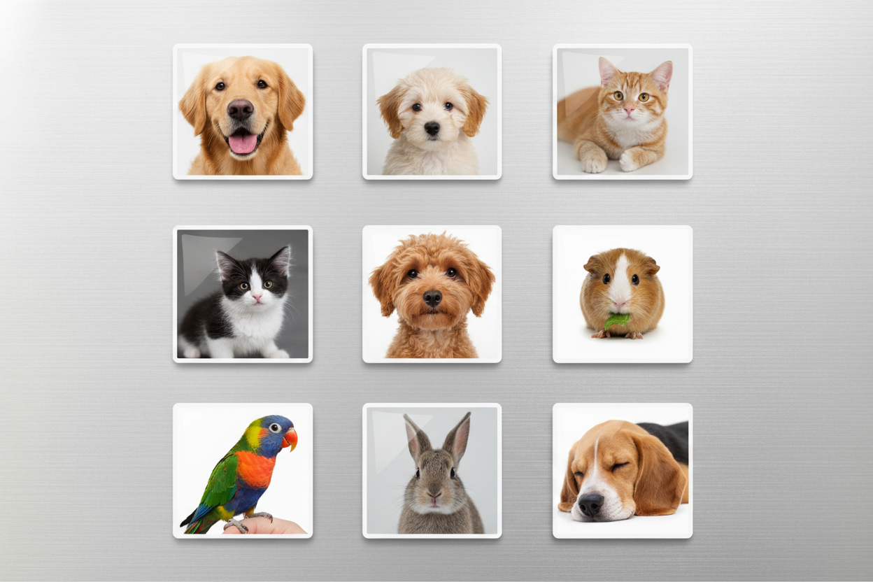 Set of small square magnets with images of various animals on a gray background