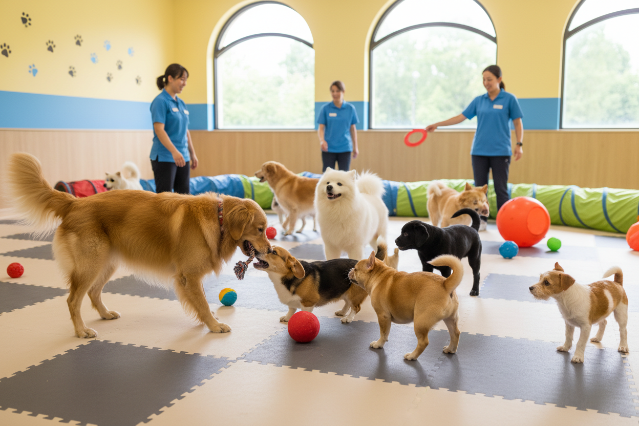 Group of dogs playing with toys in a dog daycare center with staff supervising.