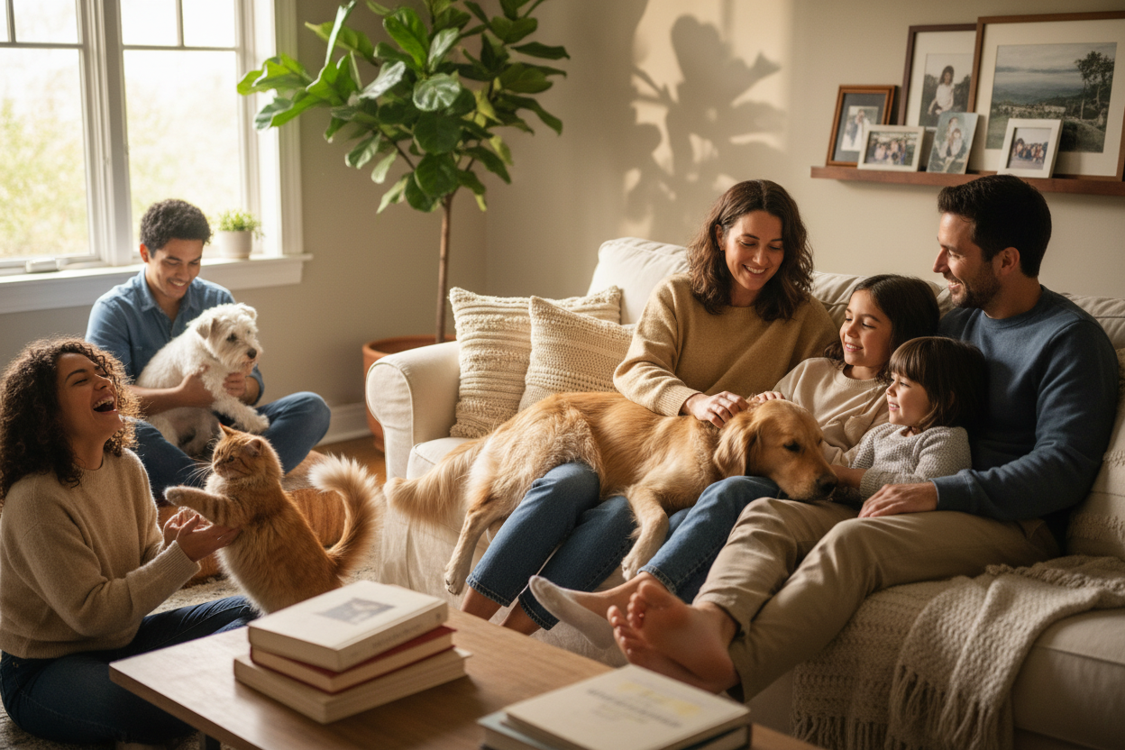 Family with children and dogs sitting on a couch in a cozy living room.