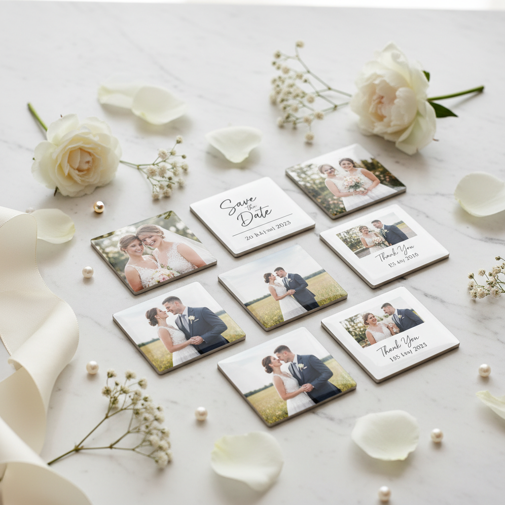 Set of wedding-themed magnets with photos and text on a marble surface with  white flowers.